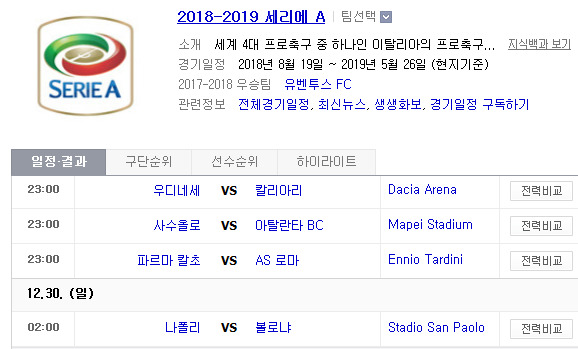 2018.12.29 세리에A (우디네세 vs 칼리아리 사수올로 vs 아탈란타 파르마 vs AS로마 나폴리 vs 볼로냐 AC밀란 vs 스팔)