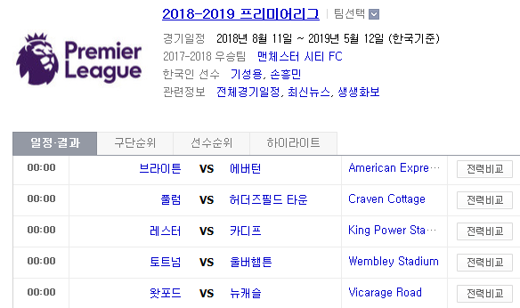 2018.12.29 EPL(프리미어리그) (브라이튼 vs 에버턴 풀럼 vs 허더즈필드 레스터 vs 카디프 토트넘 vs 울버햄튼 왓포드 vs 뉴캐슬 리버풀 vs 아스날)