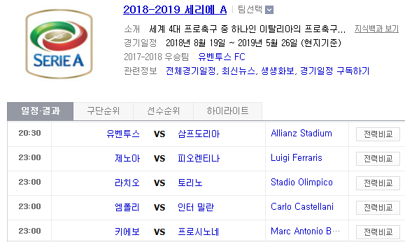 2018.12.29 세리에A (유벤투스 vs 삼프도리아 제노아 vs 피오렌티나 라치오 vs 토리노 엠폴리 vs 인터밀란 키에보 vs 프로시노네)