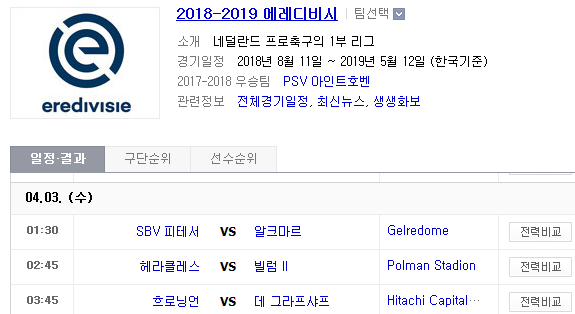 2019.04.02 에레디비지에(에레디비시) (비테세 알크마르 | 헤라클레스 빌럼 | 흐로닝언 데그라프샤프)