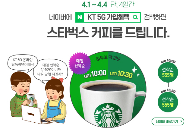  'KT 5G 가입혜택,4월1~4일 커피쿠폰 제공,'치킨이 5G' 이벤트 실시