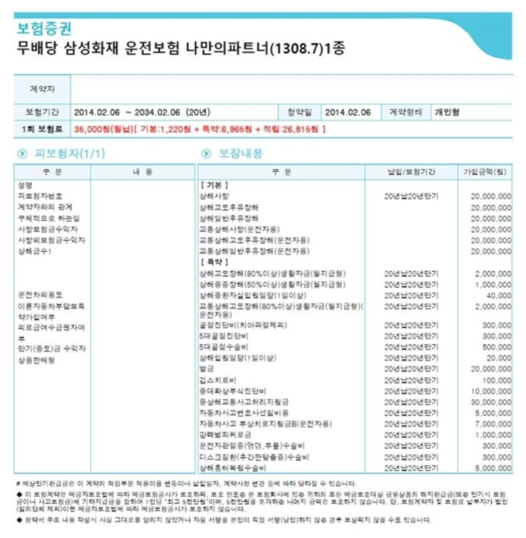  운전자보험 검토요청(삼성화재 운전보험 나만의파트너)