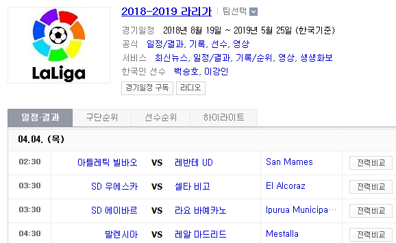 2019.04.03 라리가(프리메라리가) (빌바오 레반테 | 우에스카 셀타비고 | 에이바르 라요 | 발렌시아 레알마드리드)