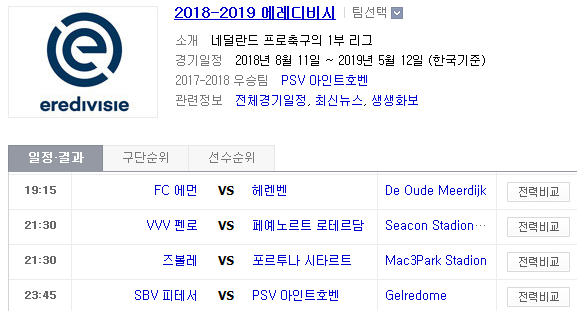 2019.04.07 에레디비지에(에레디비시) (에먼 헤렌벤 | VVV펜로 페예노르트 | 즈볼레 F시타르트[포르투나시타르트] | 비테세 PSV)