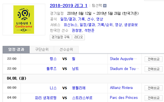 2019.04.07 리그앙(프랑스리그1) (랭스 릴 | 툴루즈 낭트 | 니스 몽펠리에 | PSG 스트라스부르)