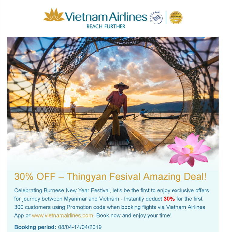 [미얀마-베트남] 30% 할인 (선착순 300명) (판매: 4/8~4/14) (탑승: 5/2~12/31) | [Myanmar-Vietnam] 30% Promotion Code