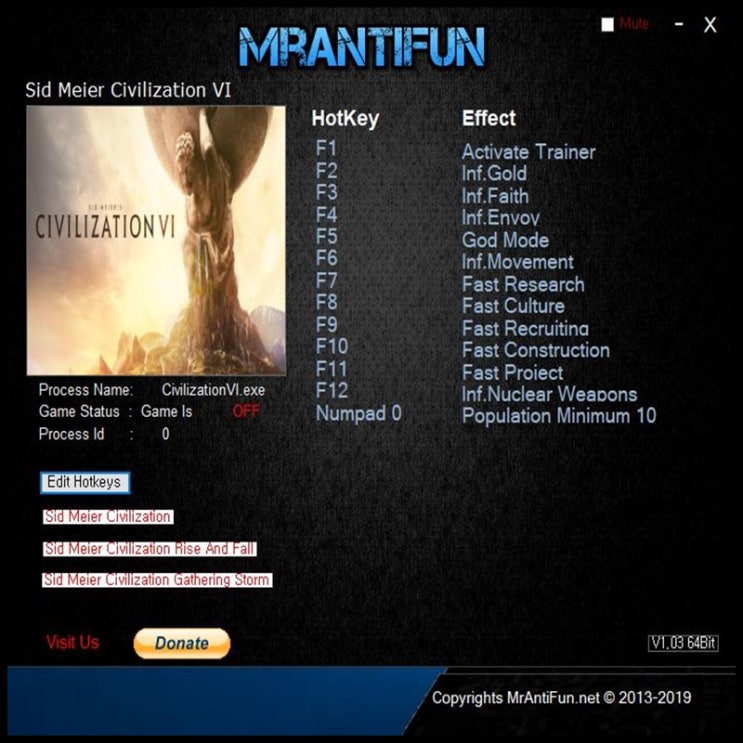 문명 6 트레이너 v1.03 +12 (Civilization 6 Trainer v1.03 +12)