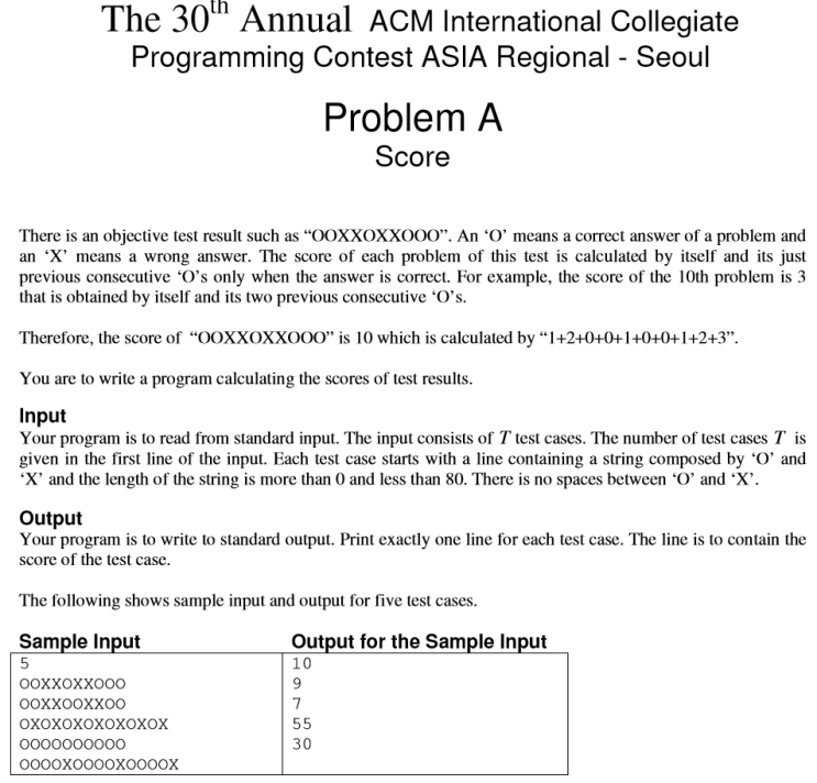 [ACM ICPC 2005 기출, 백준 8958번] OX퀴즈 알고리즘 문제 및 해설 (난이도: 하 문제)