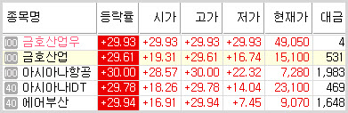 아시아나관련주,아시아나항공관련주, 전종목 상한가기록