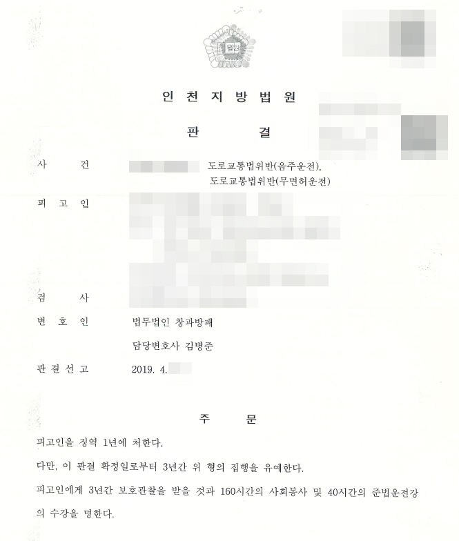  5회째 음주운전(집행유예전력)과 무면허운전 집행유예 선고 사례