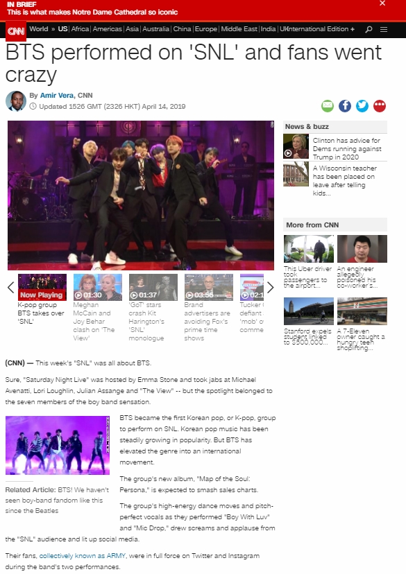  [US] 美 CNN "SNL에서 BTS의 공연에 팬들은 열광의 도가니" 해외반응 