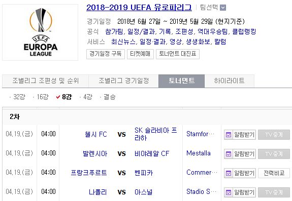 2019.04.18 UEL(UEFA 유로파리그) 8강 2차전 (첼시 슬라비아프라하[슬라프라] | 발렌시아 비야레알 | 프랑크푸르트[E프랑크] 벤피카 | 나폴리 아스널)