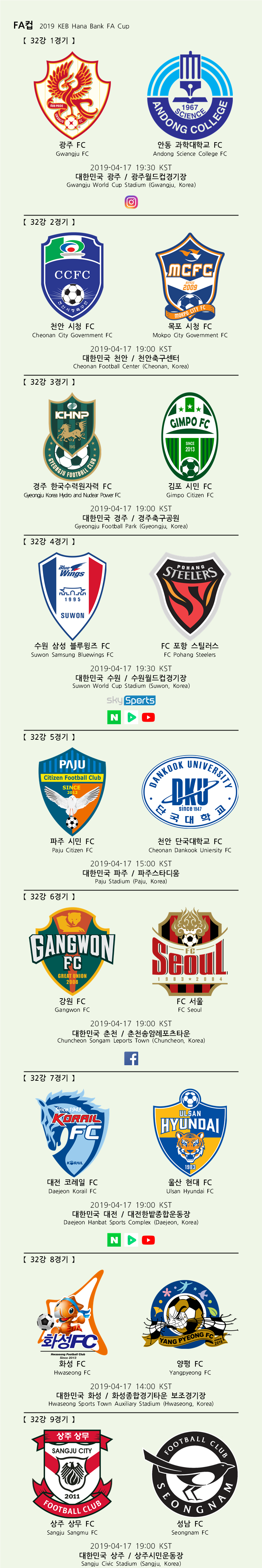 2019 FA컵 32강 경기 일정 및 중계 채널 (04.17)