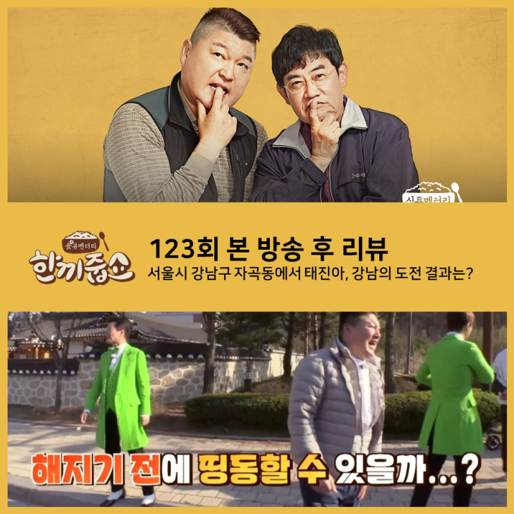  [ 한끼줍쇼 123회 리뷰 ] 서울시 강남구 자곡동에서 태진아, 강남은 한 끼 할 수 있을까?