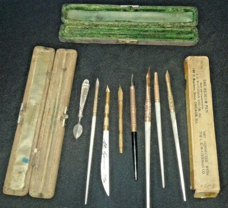  MISC GROUP OF FOUNTAIN PENS/DIP PENS WITH PEARL HANDLES & STERLING LETTER OPENER