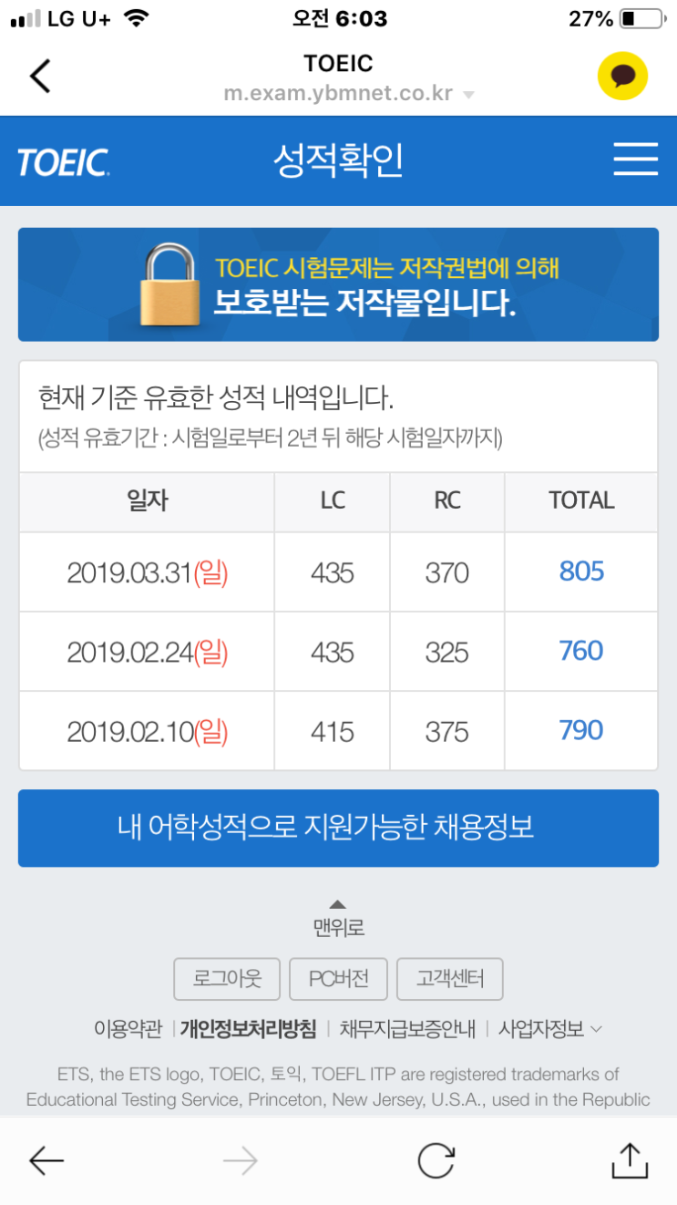  토익 800점 겨우 돌파