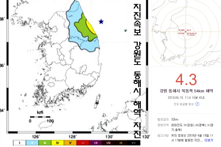 지진속보 강원도 동해시 해역 4.3 강릉,경북,경기,충북등 지진느꼈다