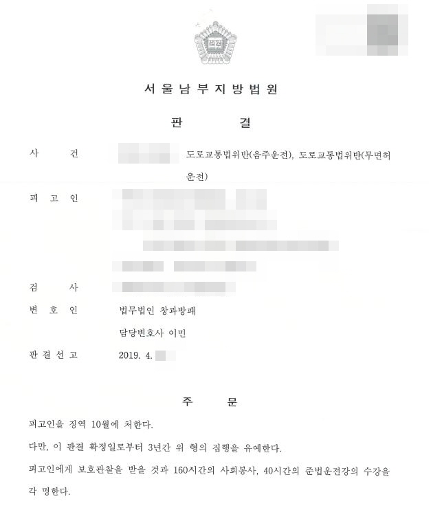  음주오진아웃과 무면허운전, 집행유예 선고 사례