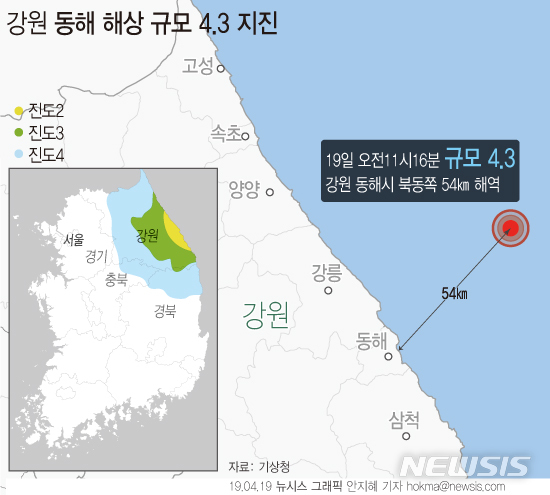  동해 해상서 규모 4.3 지진.. "내륙서도 진동 감지"