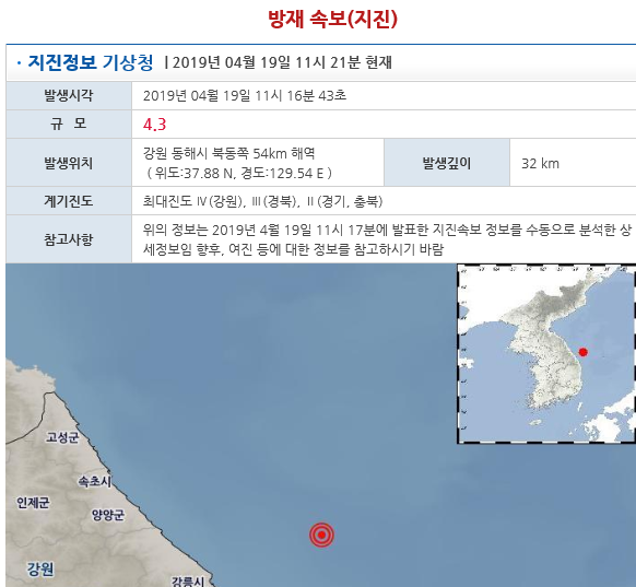  동해 해역에서 규모 4.3 지진 발생