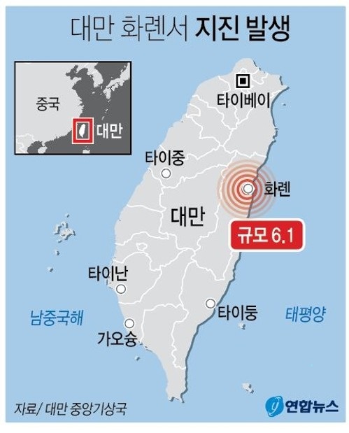  대만 화롄서 규모 6.1 지진...대만 전역 '흔들'