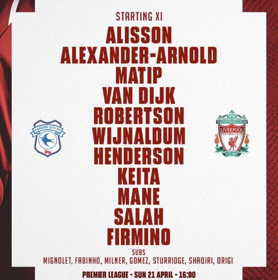  Match Day/18-19 프리미어리그/35R,카디프시티v리버풀/카디프스타디움/선발라인업/3점Go!/Good Luck Reds!