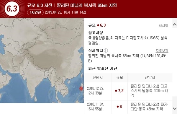  필리핀 중부서 규모 6.3 지진…마닐라서도 빌딩 '흔들'