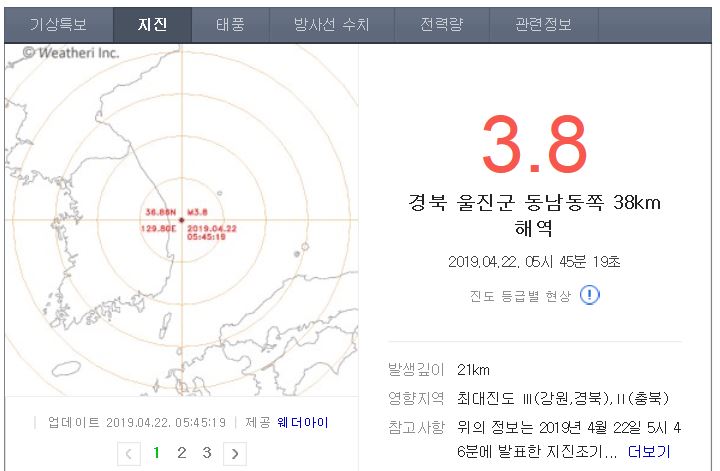 경북 울진군 동남동쪽 38 해역서 3.8 지진