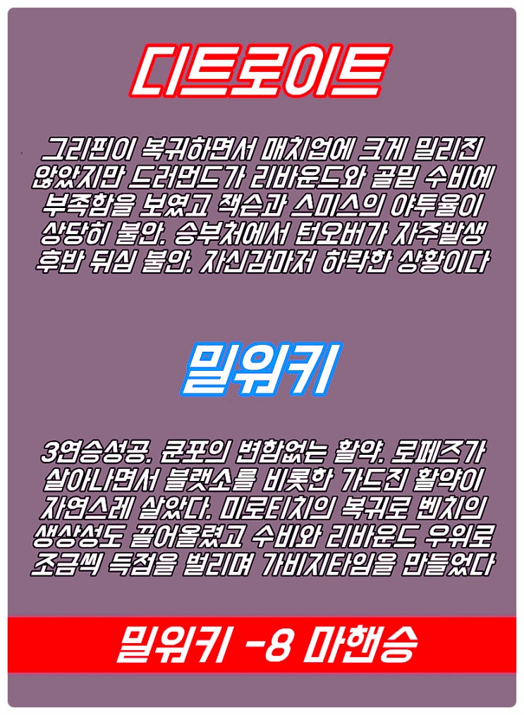  디트로이트 밀워키 23일 느바 핵심전력 비교