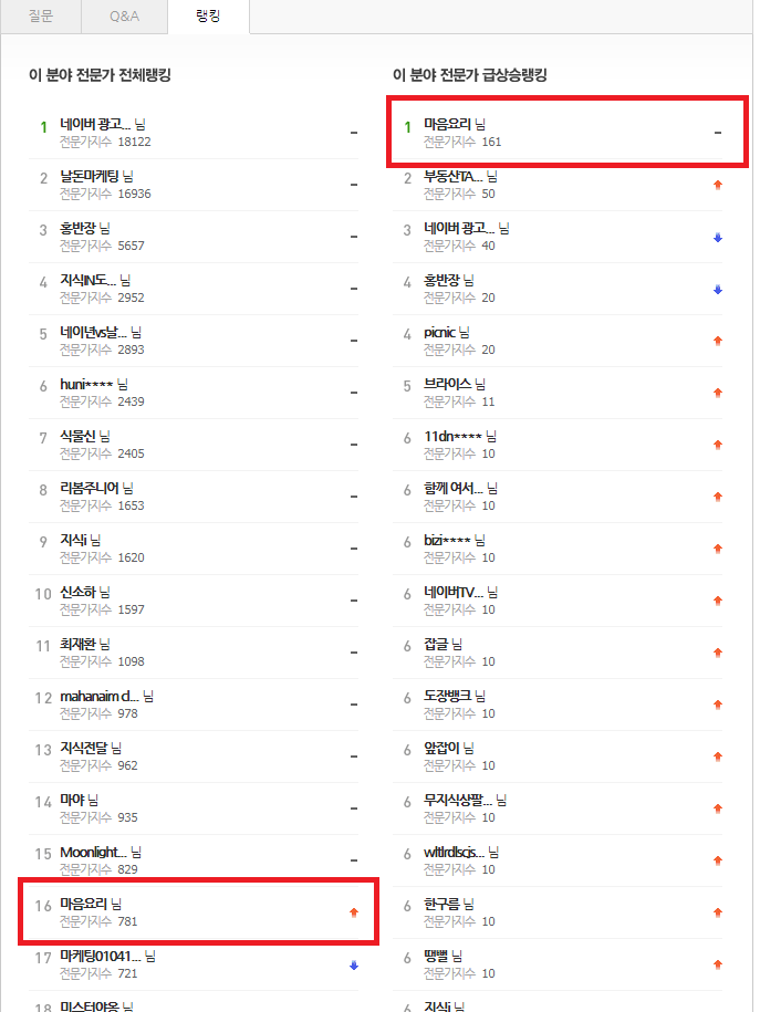  네이버 지식IN 20위권 진입 마음요리 16위