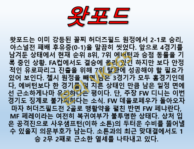  왓포드 사우샘프턴 4월24일 프리미어리그 공격진결장