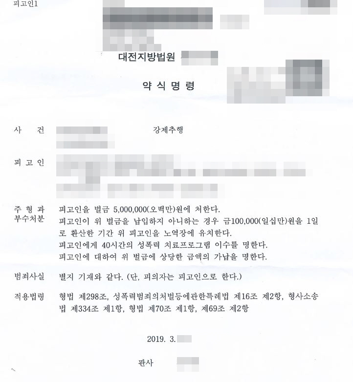  강제추행죄 벌금형 약식명령 사례