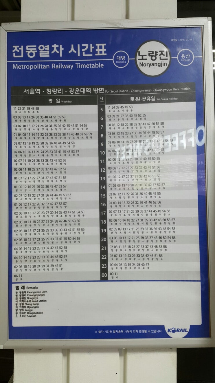  노량진역 출발 > 서울역 청량리 광운대역 소요산 방면 지하철 시간표