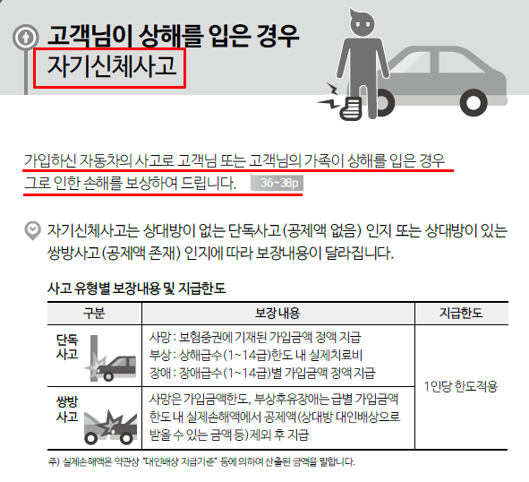 교통사고 자기신체사고보험금, 보험가입금액표(약관지급기준) 손해사정인 2