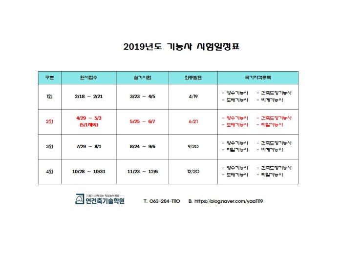  '19년 기능사 2회 시험 일정 안내