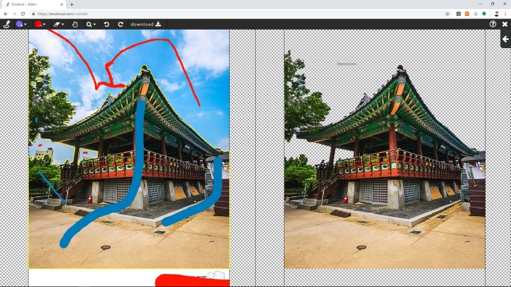  [ 이넘컷 ] 한옥단청마루_한옥집사진 _하늘 배경제거 누끼작업컷_(예시 샘플)