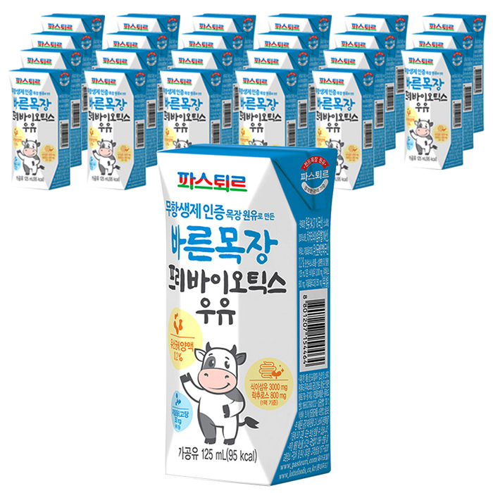 파스퇴르 무항생제 인증 목장 원유로 만든 바른목장 프리바이오틱스 우유, 125ml, 24개입