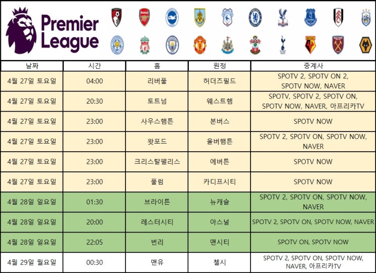  프리미어리그(EPL) 축구중계 (4월 27일~4월 29일)