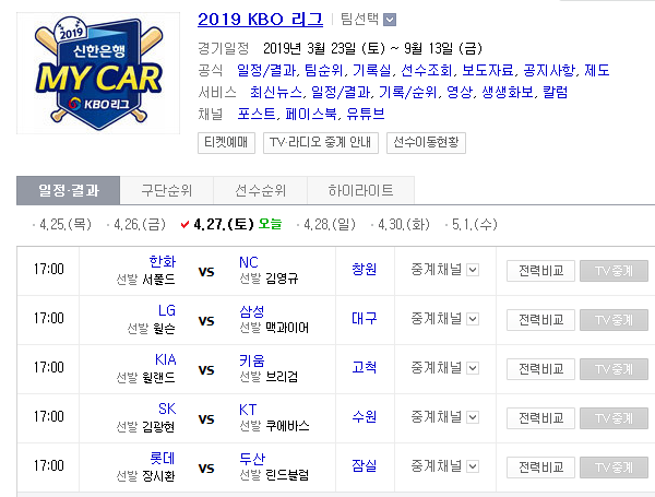 2019.04.27 KBO(프로야구) (기아 키움 | LG 삼성 | 롯데 두산 | SK KT | 한화 NC) 2019.04.27 KBO(프로야구) (기아 키움 | LG 삼성 | 롯데 두산 | SK KT | 한화 NC)