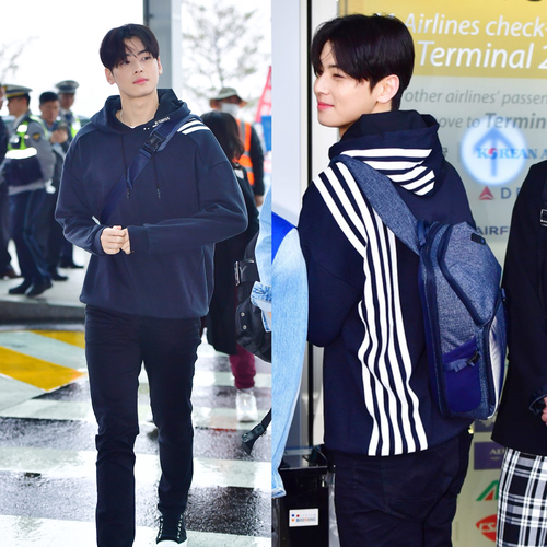  차은우 공항패션 돋보이는 여행 슬링백 쌤소나이트 레드가방 멋지당