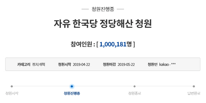 ‘자유한국당 해산’ 청와대 국민청원 100만명 돌파 - 경향