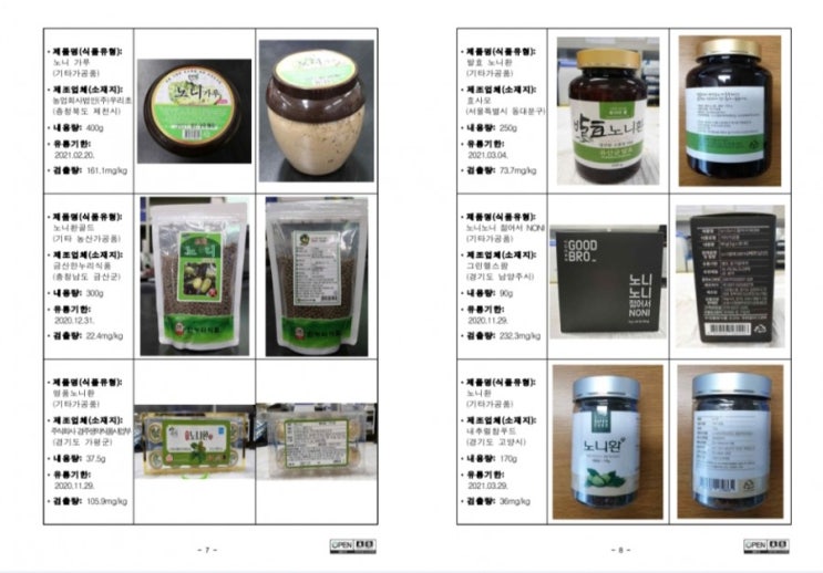  식품의약안전처 시중 유통 22개 노니 제품서 금속성 이물질 쇳가루 검출 판매중단 회수 업체 명단 리스트