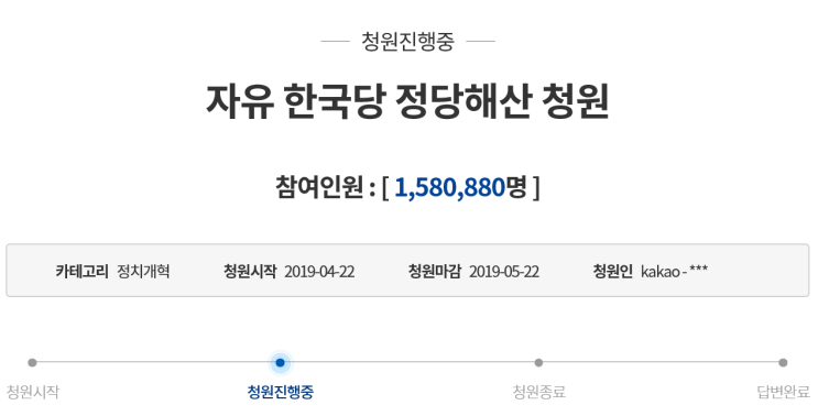 자유한국당 정당 해산 청원 158만 명 돌파