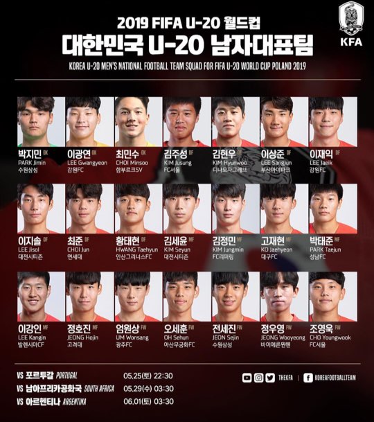 [U-20 WC] 2019 U-20 월드컵 남자대표팀 21인 명단 확정 - 이강인, 정우영 포함