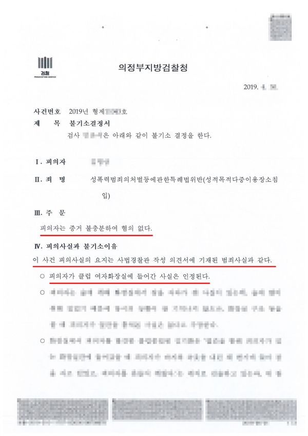  여자화장실 침입 처벌 형량 무혐의, 무죄