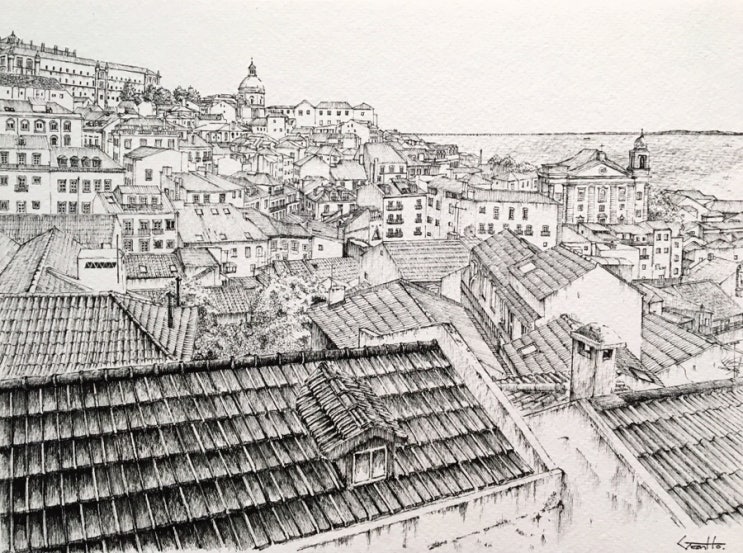  포르투갈 리스본 여행 드로잉 Portas do Sol 전망대 풍경 (건물드로잉 어반스케치 취미미술 그림 드로잉 기초 손그림 일러스트)