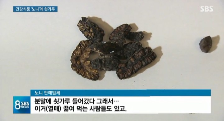  '쇳가루 논란' 노니, 자석 휘저으니 '쇳가루 다닥다닥'