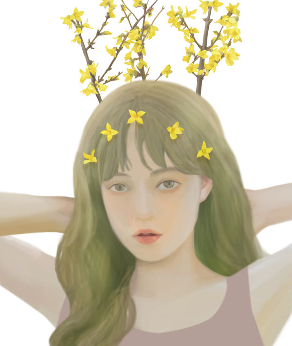  개나리꽃 소녀 일러스트,봄 감성 패션 일러스트