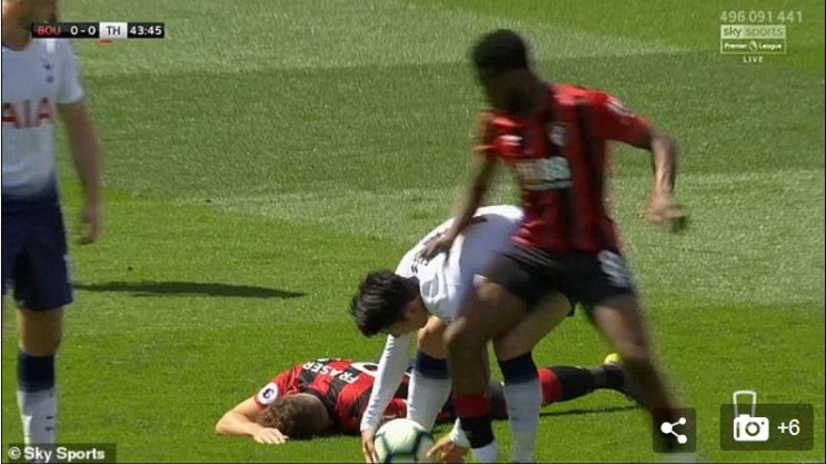  'EPL 첫 퇴장' 손흥민, 레르마에게 등 가격당해 욱했다