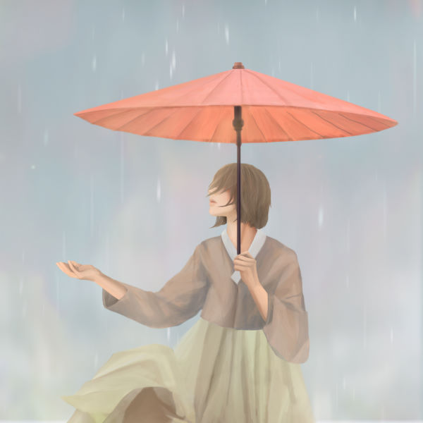 봄비 속 우산 쓴 소녀 일러스트,rainy memory